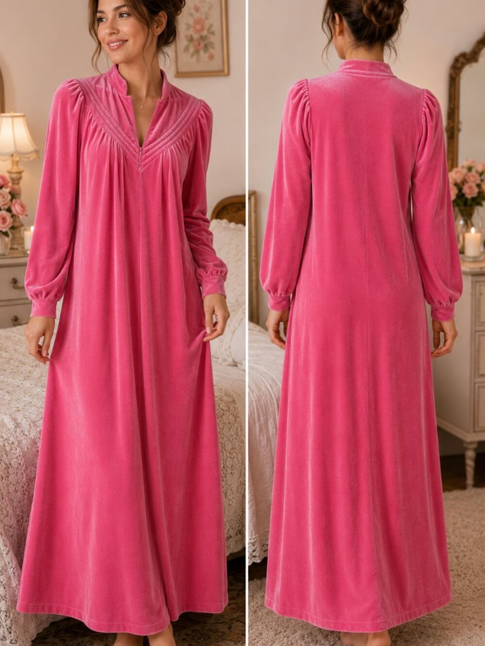 Vintage Fabulous Pink Velour Nightgown Hostess Gown Sleepwear S Small 70s
